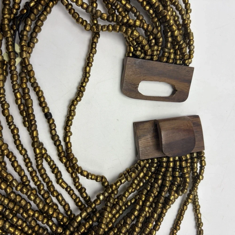 Statement Bronze Seed Bead Boho Necklace Bracelet Set Wood Clasp Multi New Gift
